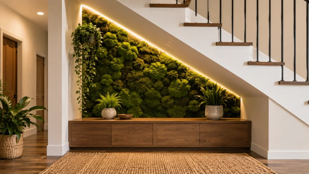 moss-wall-accent-staircase Preserved moss wall panel installed as an accent beneath a staircase