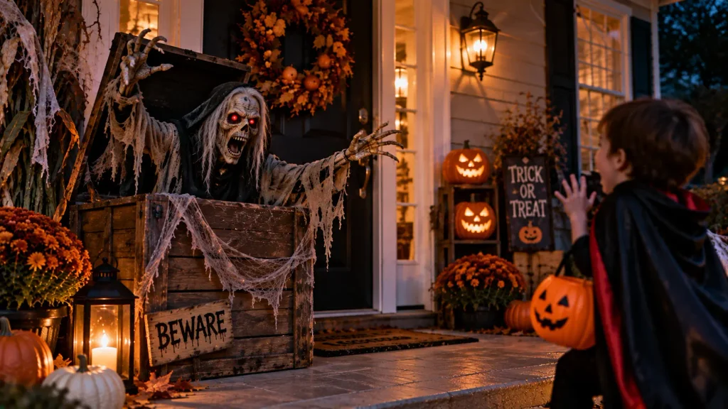 motion-activated-halloween-prop Motion-activated Halloween prop set up on a front porch for scares