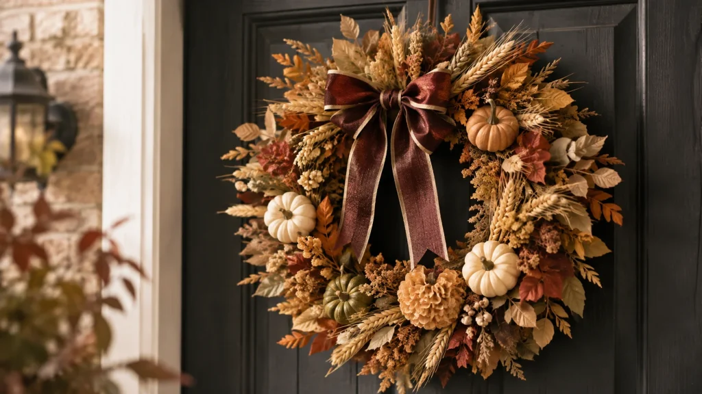 Muted mustard and burnt orange harvest wreath styled as vintage halloween decor
