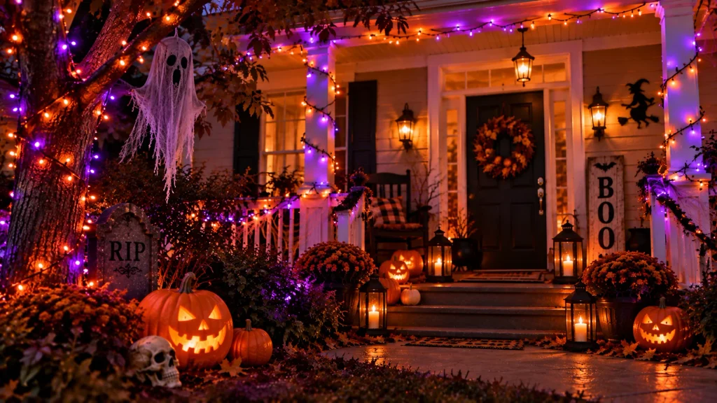 orange-purple-string-lights-porch Orange and purple string lights strung across a Halloween front porch