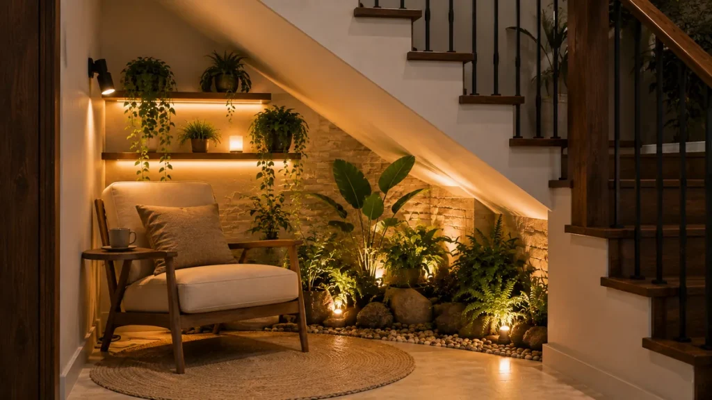 reading-nook-garden-backdrop-stairs mall reading chair and lamp set against a plant-filled backdrop under stairs
