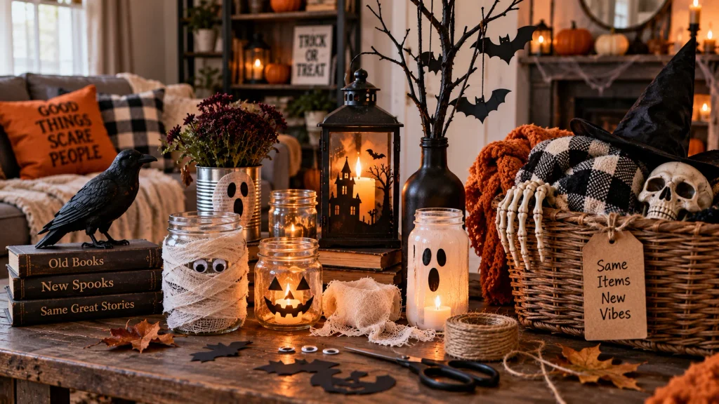 repurposed-halloween-porch-decor Repurposed household items styled as budget-friendly Halloween porch decor