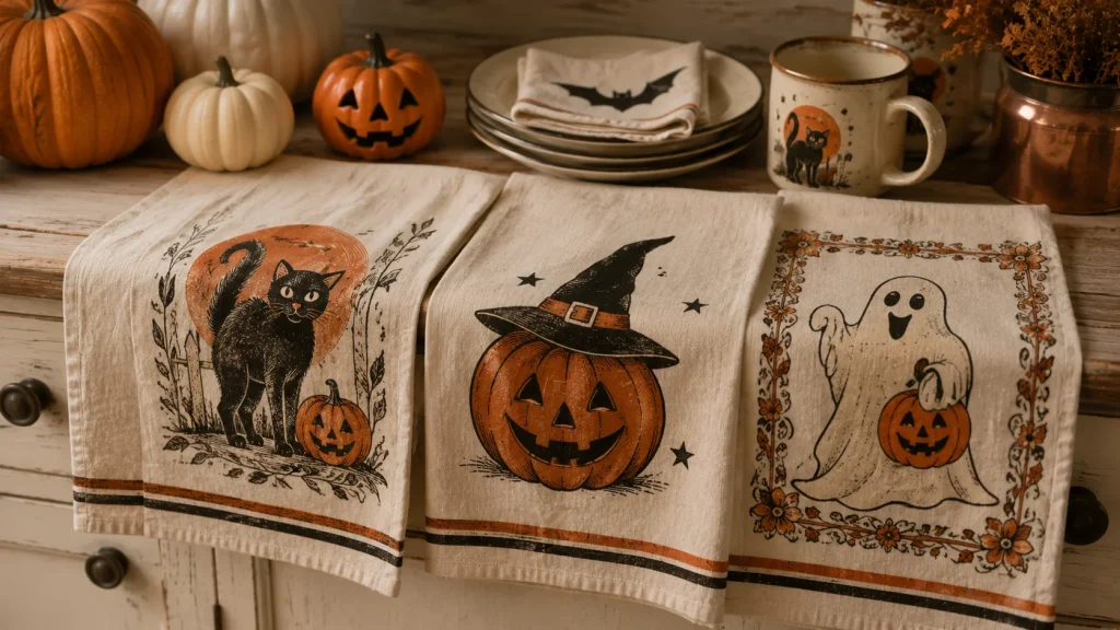 Retro screen printed halloween tea towels styled on a kitchen counter