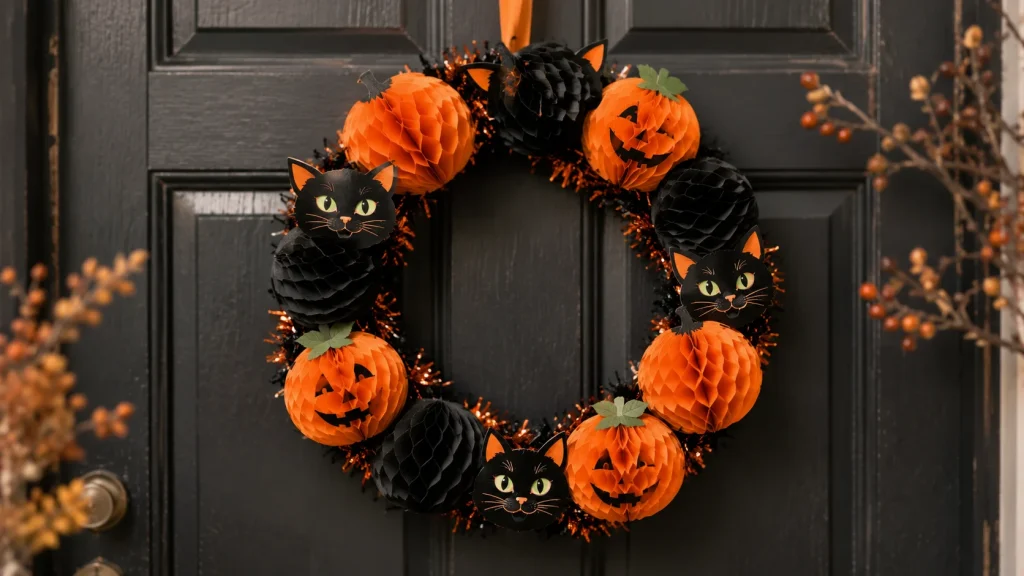 Retro paper honeycomb Halloween wreath in black and orange hanging on a front door
