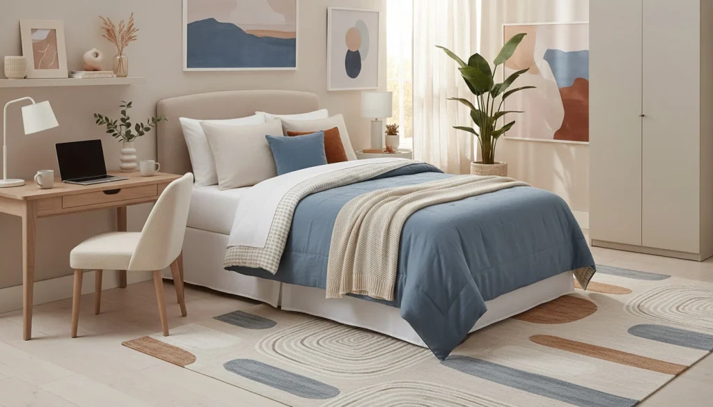 reversible-comforter-dorm-bedding-budget Reversible comforter showing two color options on a dorm bed