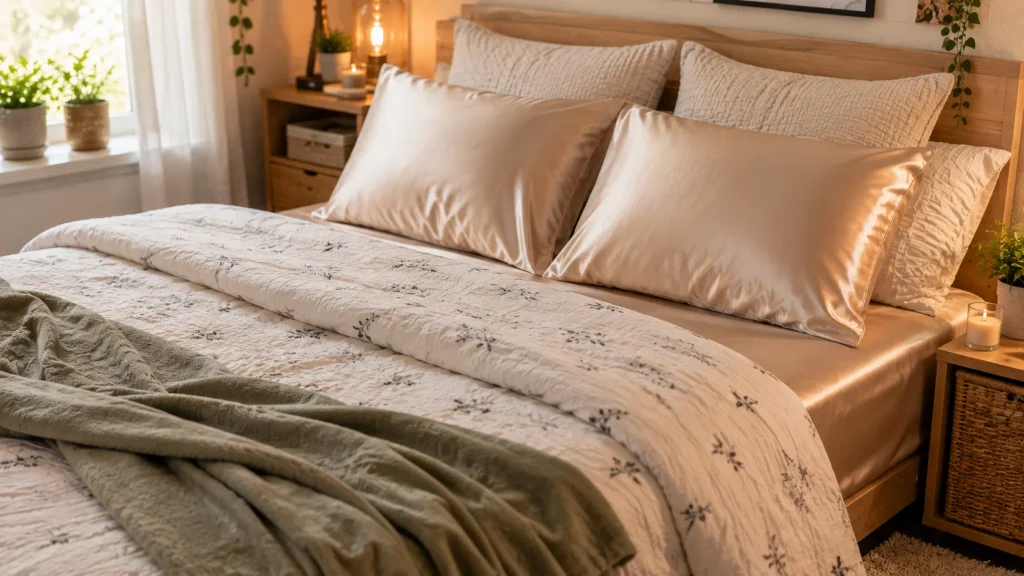 satin-pillowcases-dorm-bedding-upgrade Satin pillowcases in a complementary color on a dorm bed