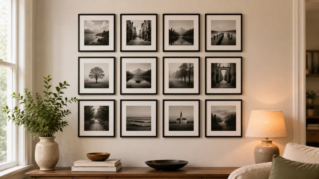 Simple minimal corner wall gallery with matching white frame grid