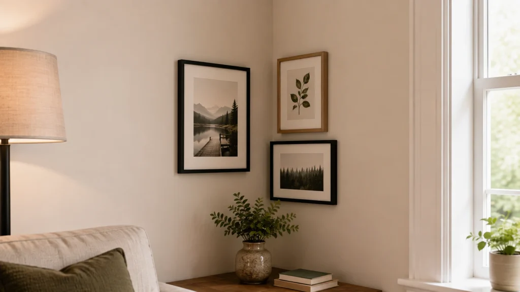 Small corner wall gallery idea with a three-frame cluster in matching black frames
