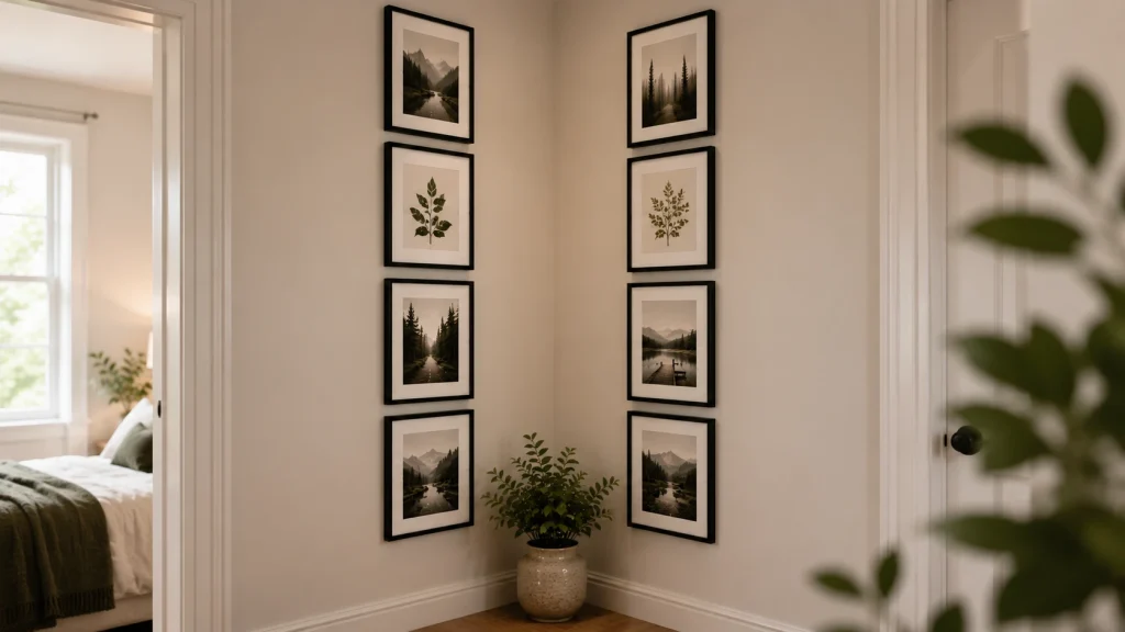 Small corner wall gallery idea using vertical stacking of frames