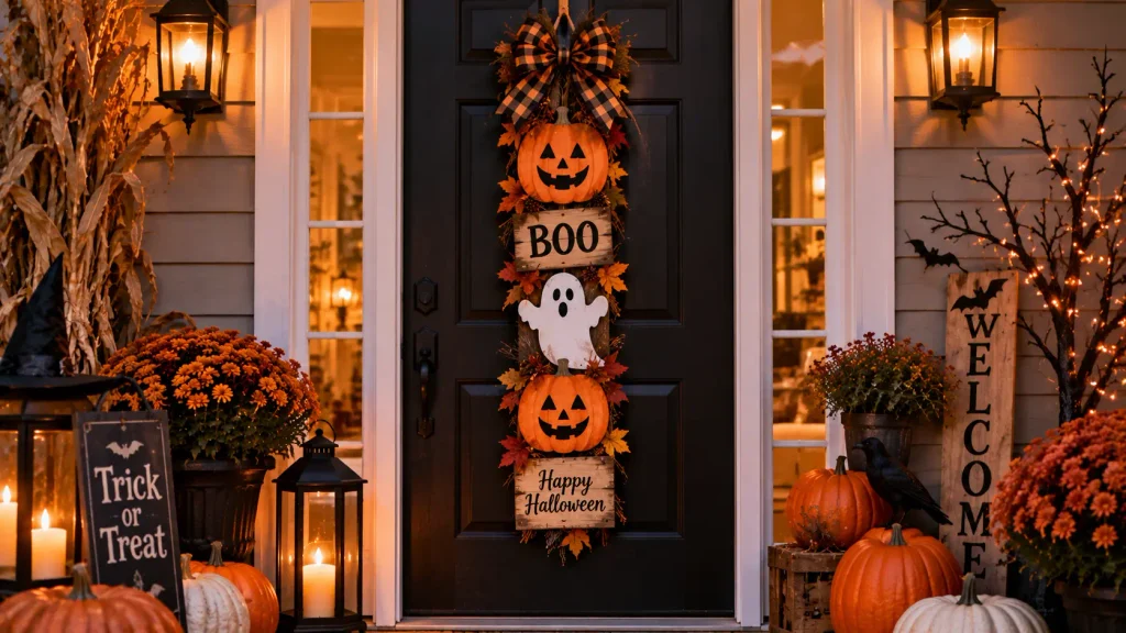 small-porch-door-hanger-halloween Vertical tiered door hanger with mini pumpkins for small Halloween porch decor