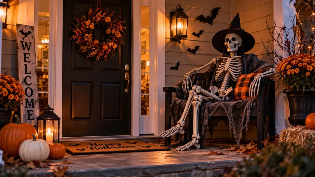 small-porch-statement-piece-skeleton Life-size skeleton as a single statement piece for small Halloween porch decor