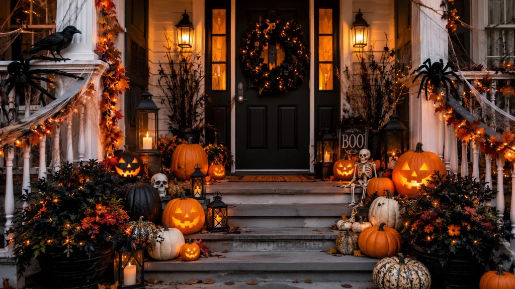 Spooky Halloween front porch decorated with glowing pumpkins, lanterns, cobwebs, a wreath, and festive autumn accents