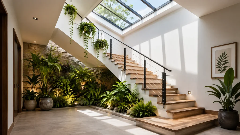 stairs-garden-indoor-skylight Sun-loving potted citrus tree placed under a staircase near a skylight