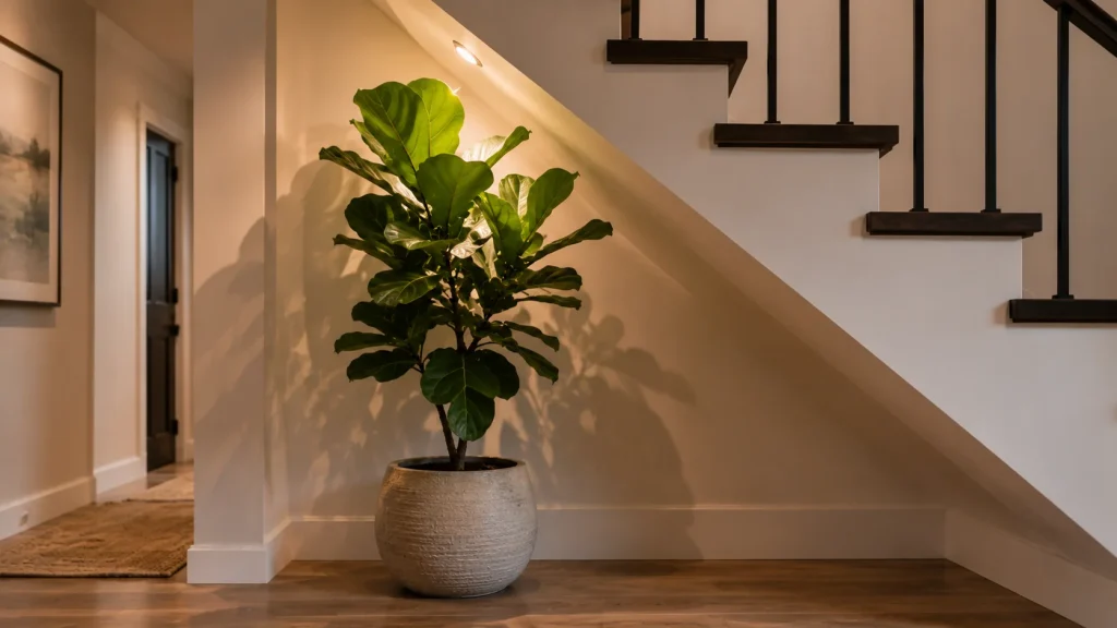 statement-plant-under-staircase Large fiddle leaf fig in a floor planter beneath a staircase