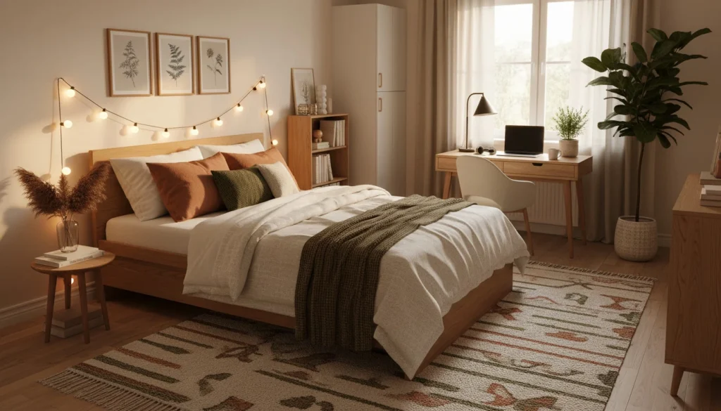 string-lights-dorm-bed-headboard Warm string lights draped above a dorm bed headboard