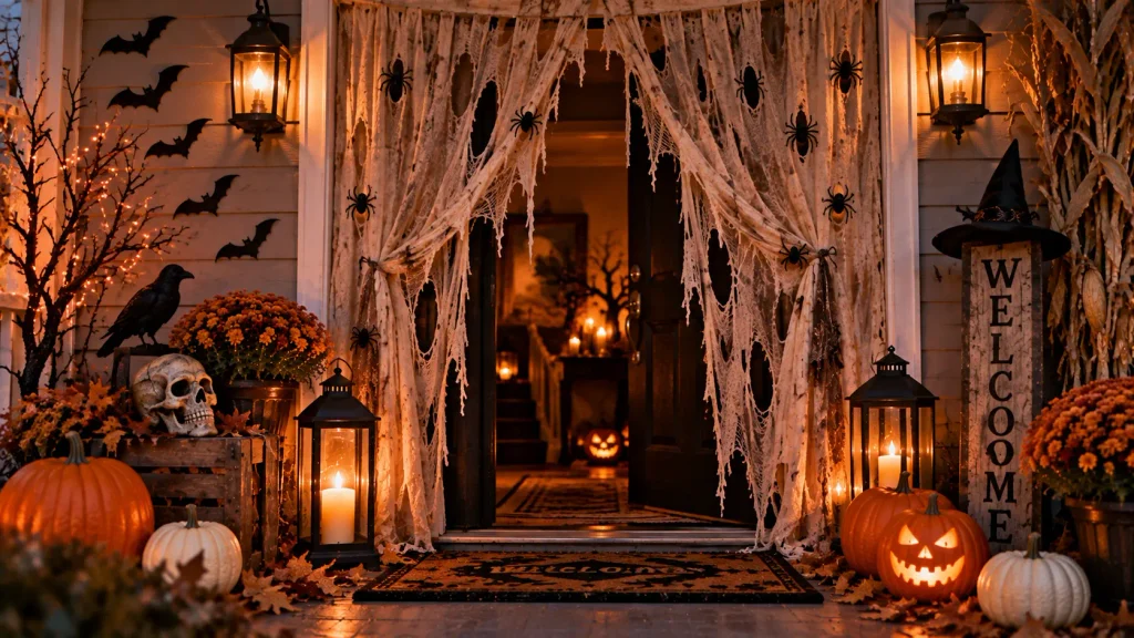 tattered-curtain-doorway-halloween Tattered black fabric curtain hanging across a porch doorway for Halloween