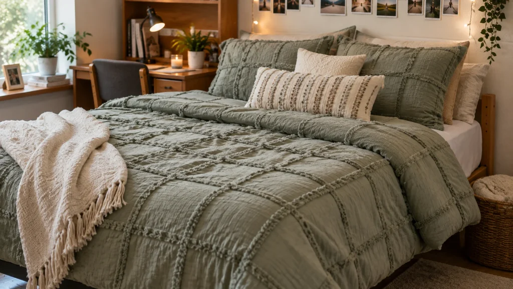 textured-comforter-dorm-bed-color-anchor Textured comforter used as a color anchor for dorm bedding ideas