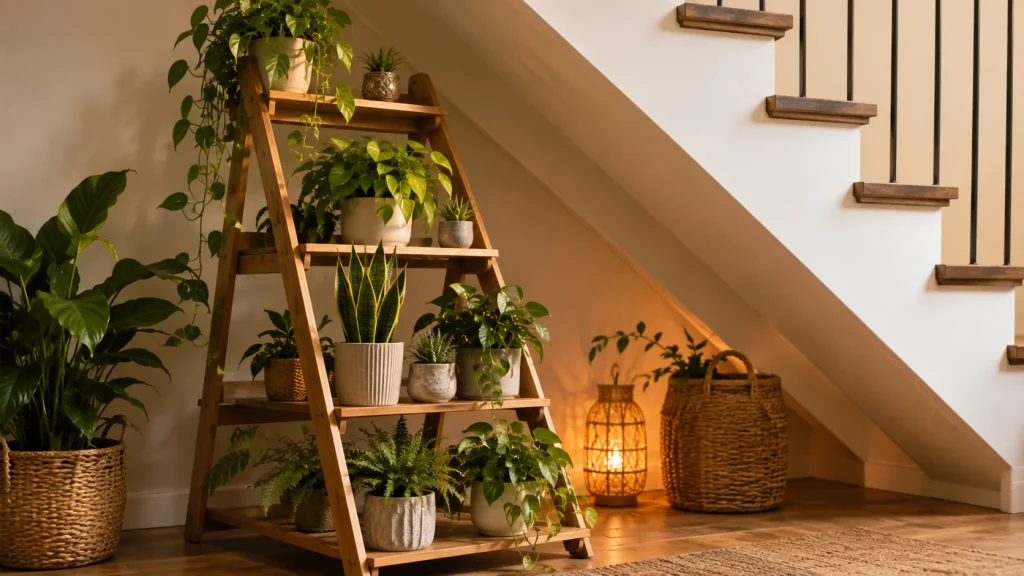 tiered-plant-shelf-ladder-under-stairs Wooden tiered plant shelf styled with pothos and snake plants under a staircase,UNDER-STAIRS Garden Ideas