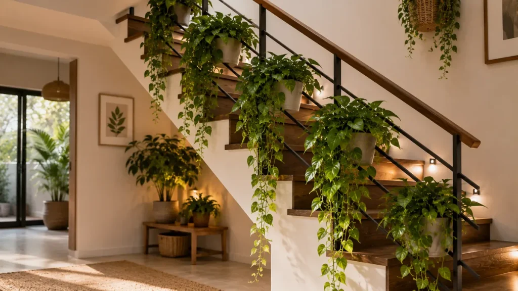 trailing-plants-ladder-rail-stairs String of hearts plant draped over a wooden dowel rail under a staircase