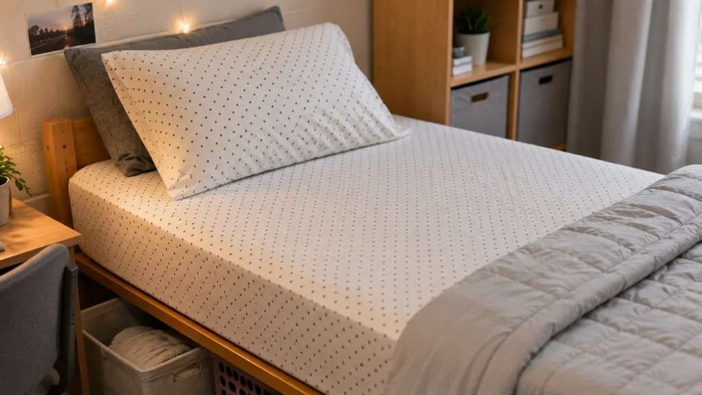 twin-xl-sheet-set-dorm-bed Twin XL sheet set fitted on a college dorm mattress