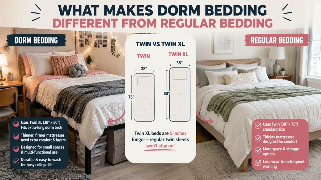 twin-xl-vs-standard-twin-dorm-bed-size Size comparison of Twin XL dorm mattress versus standard twin bed