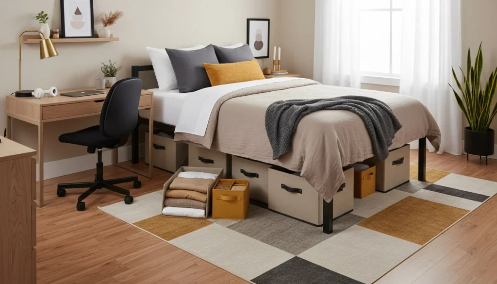 under-bed-storage-basket-dorm-room Woven under-bed storage basket matching dorm bedding palette