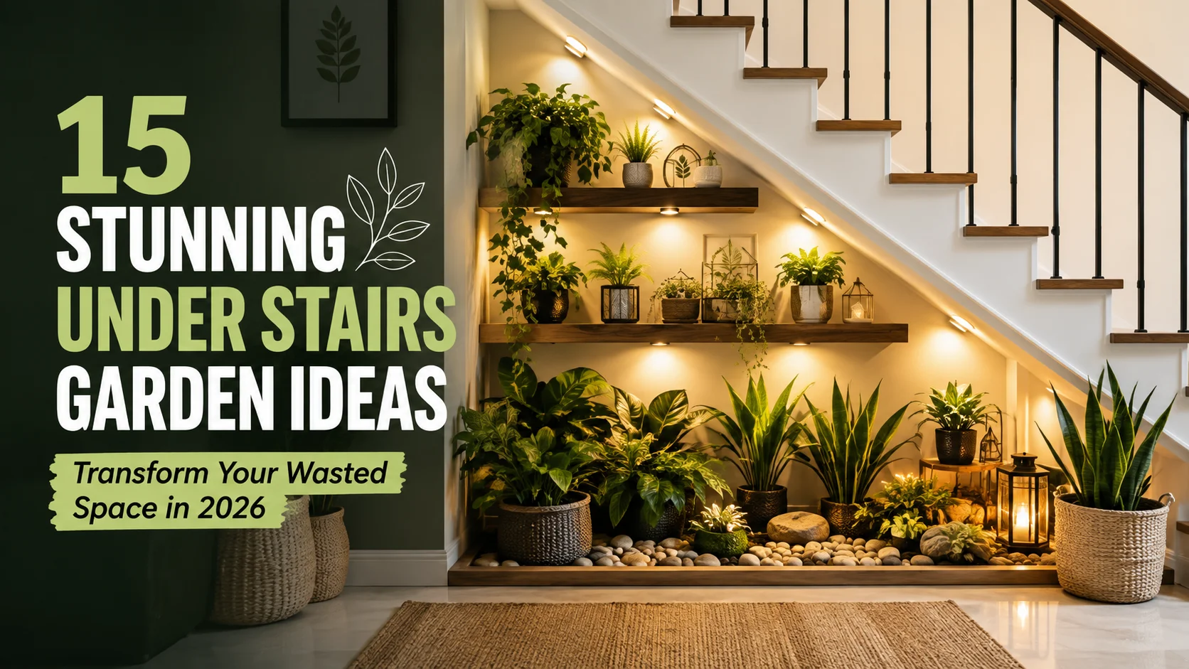Lush indoor plants styled beneath a wooden staircase as an under-stairs garden idea