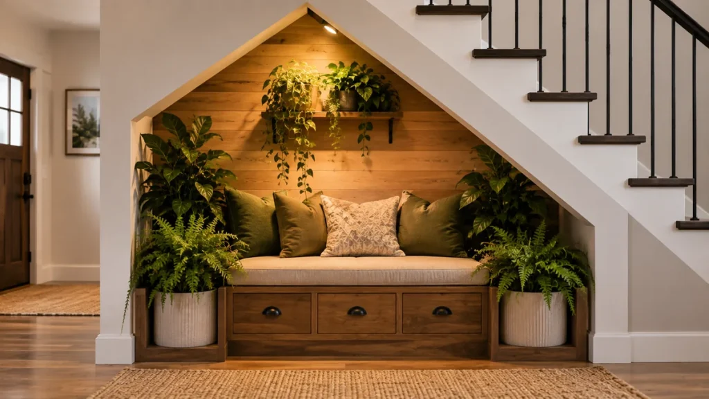 under-stairs-garden-nook-bench Small bench with ceramic planters on either side in an under stairs garden nook