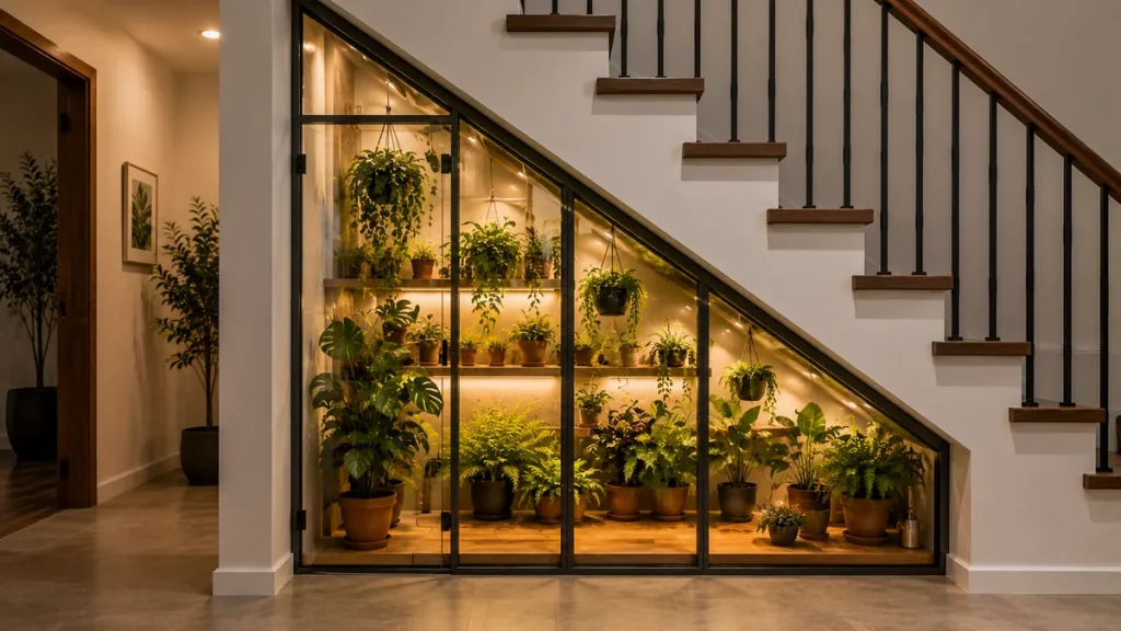 under-stairs-mini-greenhouse-cabinet Small glass greenhouse cabinet filled with ferns tucked under a staircase