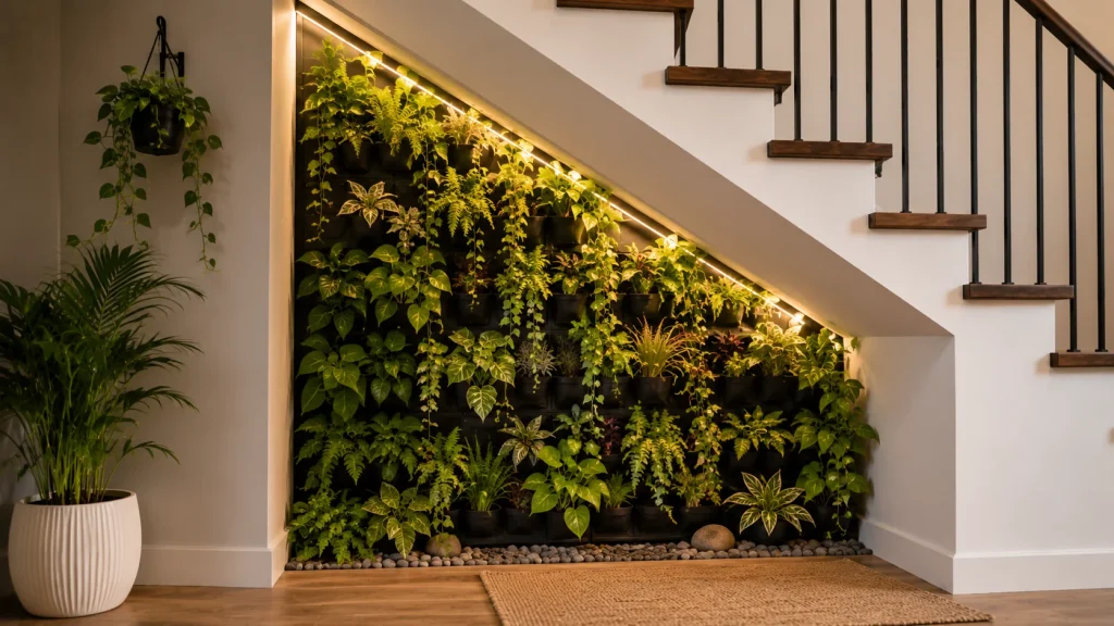 vertical-living-wall-under-stairs Vertical living wall planter system installed on the wall beneath a staircase