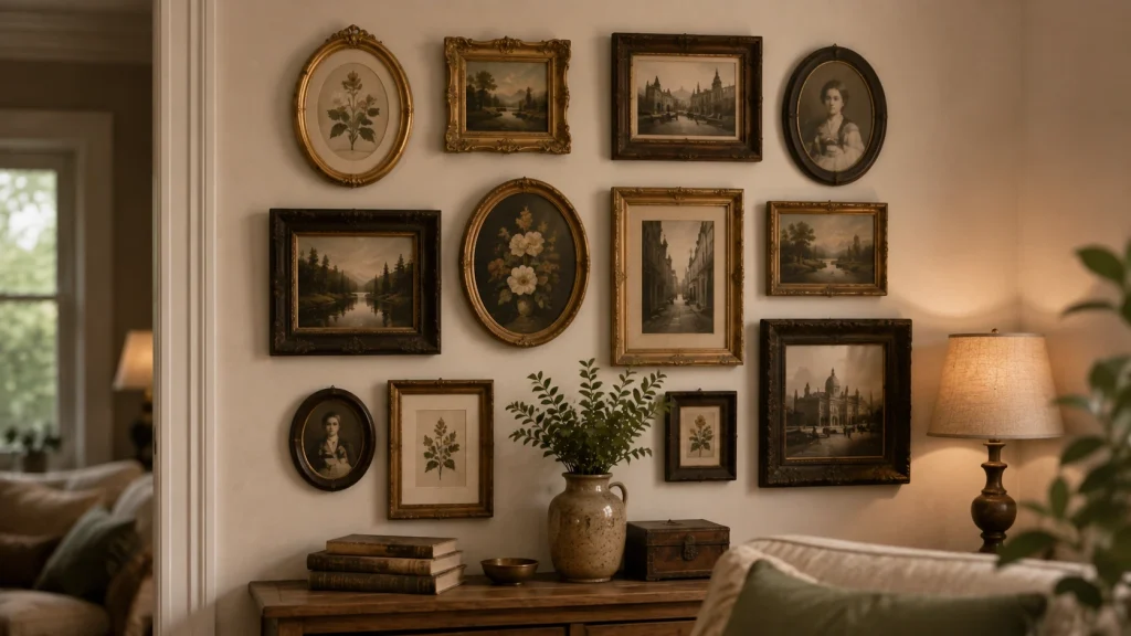 Vintage-inspired corner wall gallery with mixed antique gold and wood frames