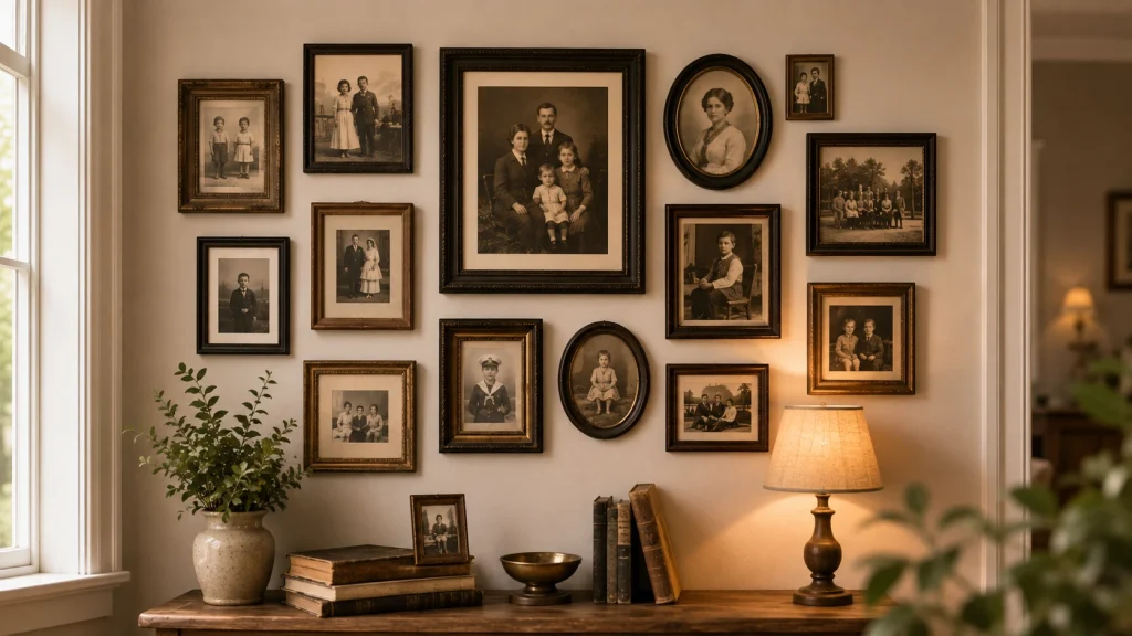 Vintage corner wall gallery idea using sepia and black-and-white family photos