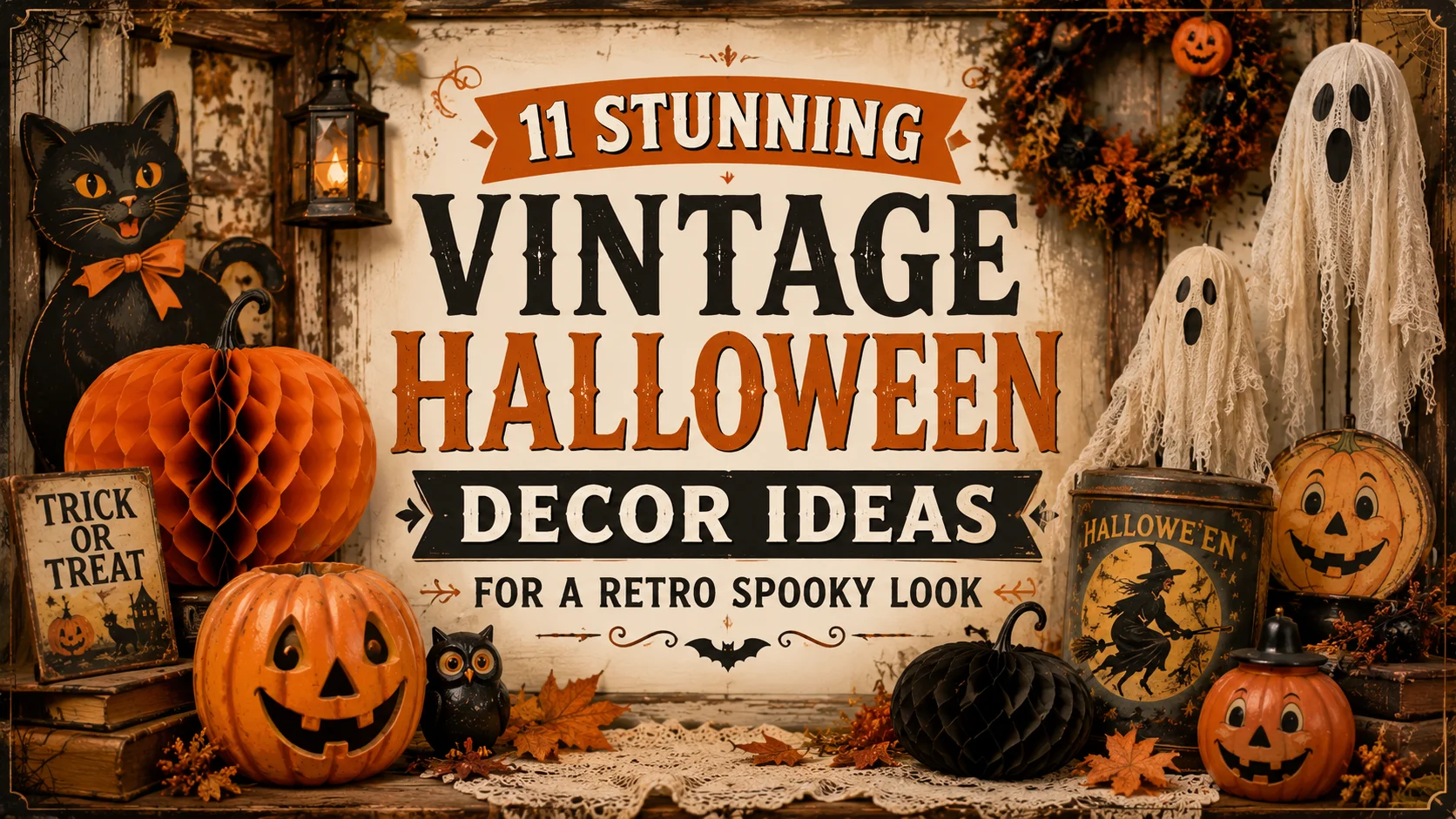 11 vintage halloween decor ideas featuring a retro honeycomb wreath and styled front porch