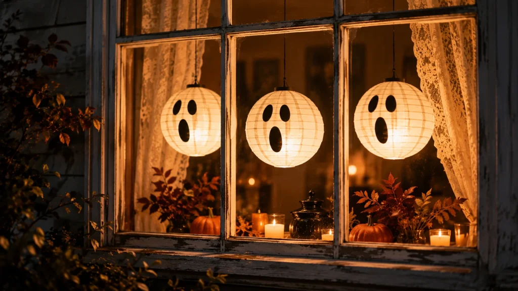 Vintage paper lantern ghosts glowing in a front window for halloween