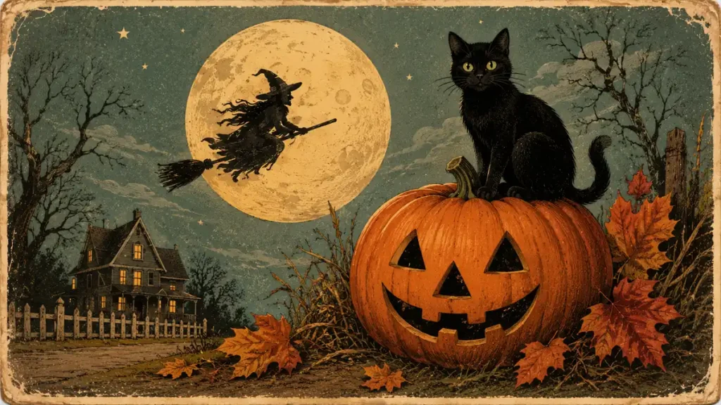Framed vintage style halloween postcard art hanging on a living room wall