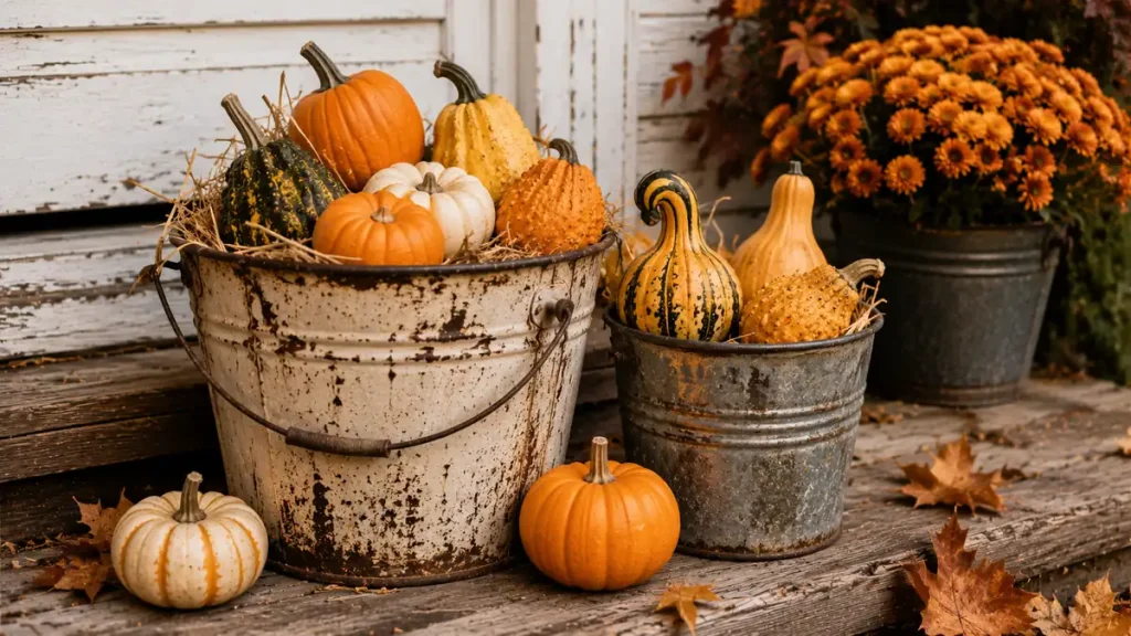 Rustic tin buckets filled with mini pumpkins and gourds on a porch step