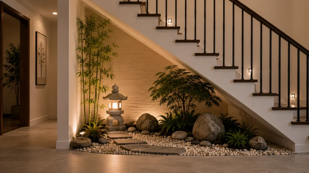 zen-garden-under-stairs-pebbles Pebble bed with potted plants arranged as a zen garden under stairs