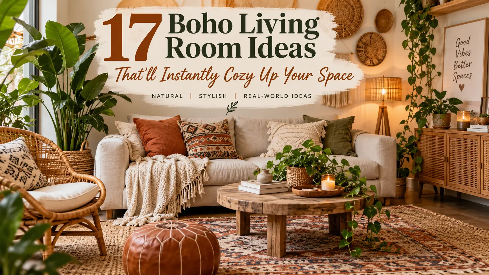 Boho living room with layered rugs, rattan chair, and terracotta accents