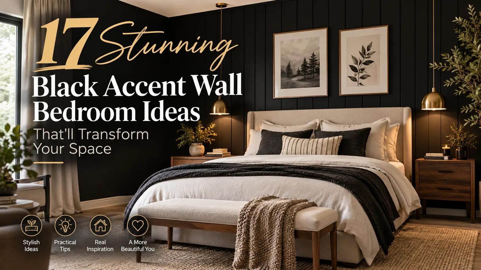 Bedroom with a black accent wall behind the bed, styled with warm wood furniture and white bedding
