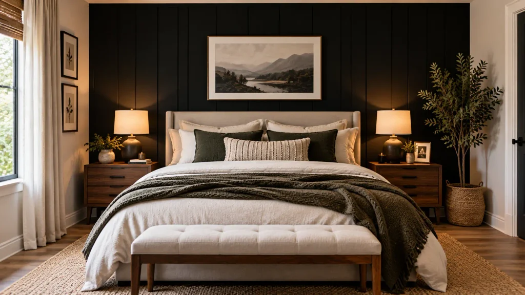 black-accent-wall-behind-bed Black accent wall behind a bed with a light wood headboard
