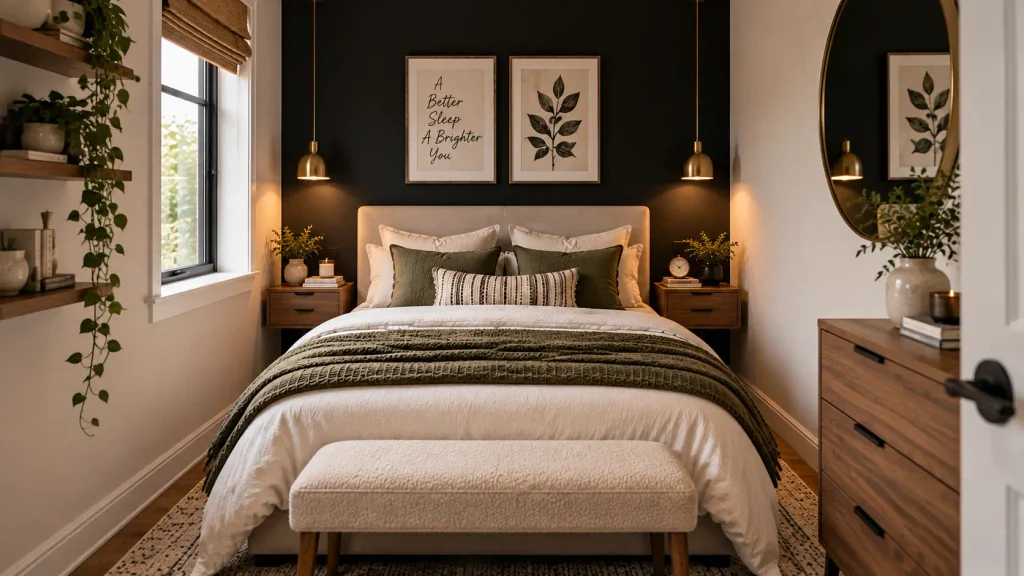 black-accent-wall-small-bedroom Small bedroom with a black accent wall and light furniture