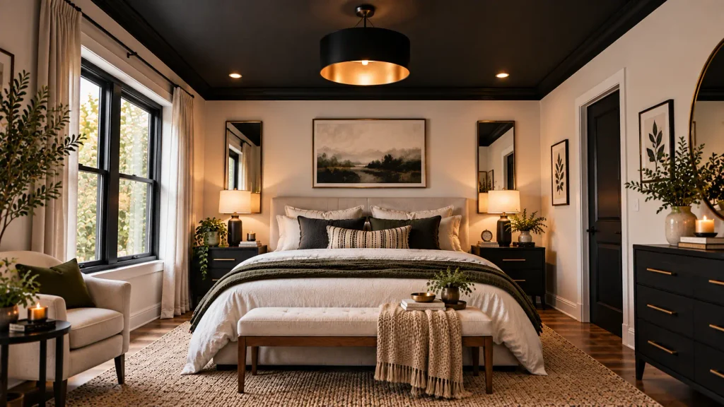 black-ceiling-accent-bedroom Bedroom with a black painted ceiling and white walls
