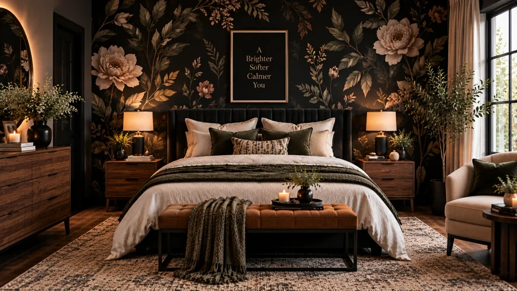 black-floral-wallpaper-bedroom-wall Black floral wallpaper accent wall behind a bed