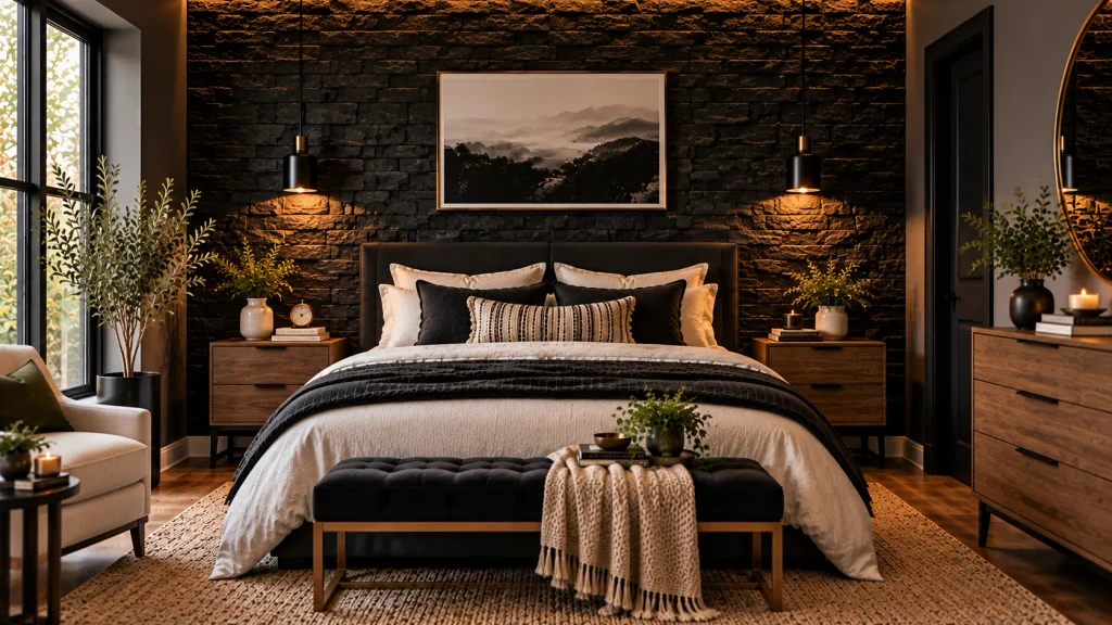 black-stone-brick-accent-wall-bedroom Black textured stone accent wall in a bedroom