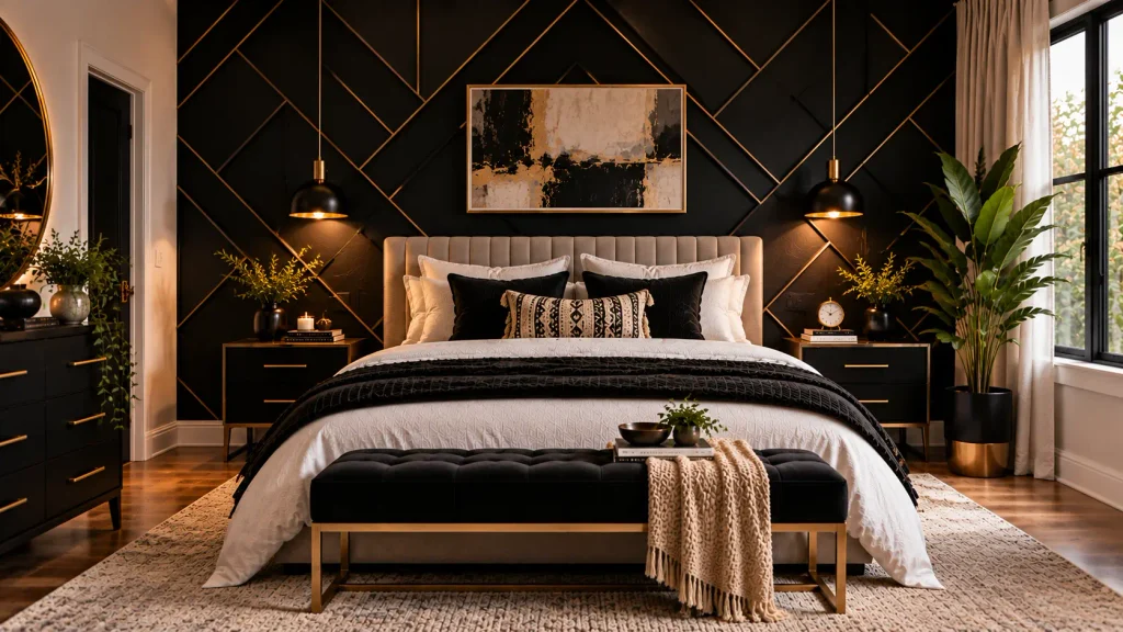 black-wall-geometric-pattern-bedroom Black accent wall with a geometric chevron pattern
