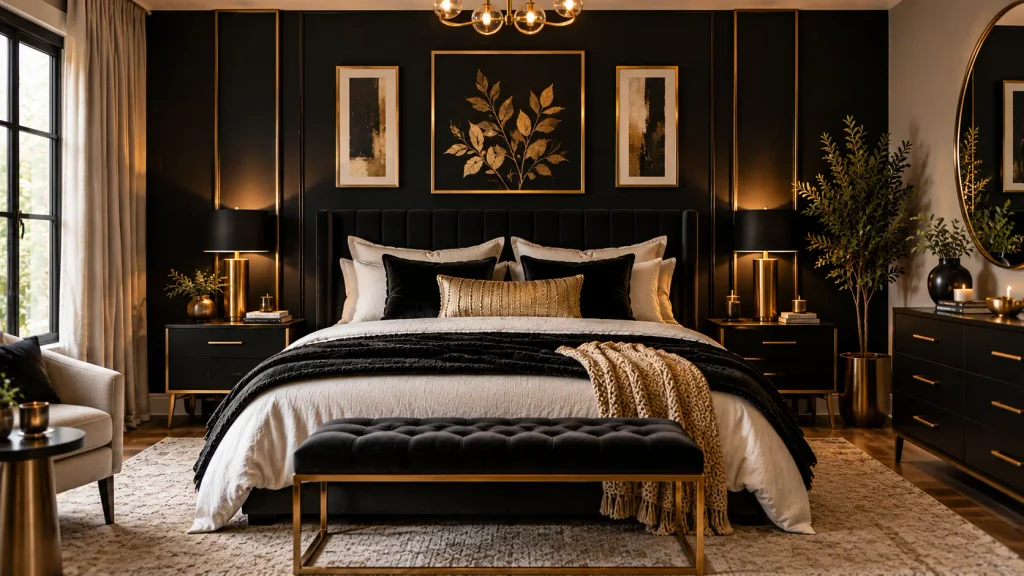 black-wall-gold-accents-bedroom Black bedroom wall styled with brass and gold accent decor