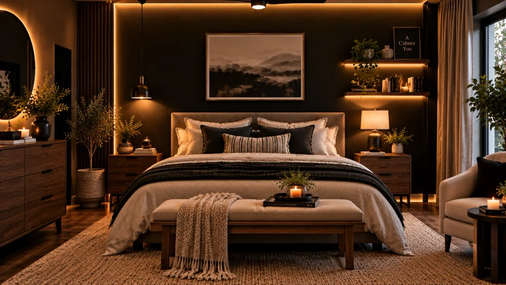 black-wall-layered-lighting-bedroom Black bedroom wall lit with warm layered lighting and sconces