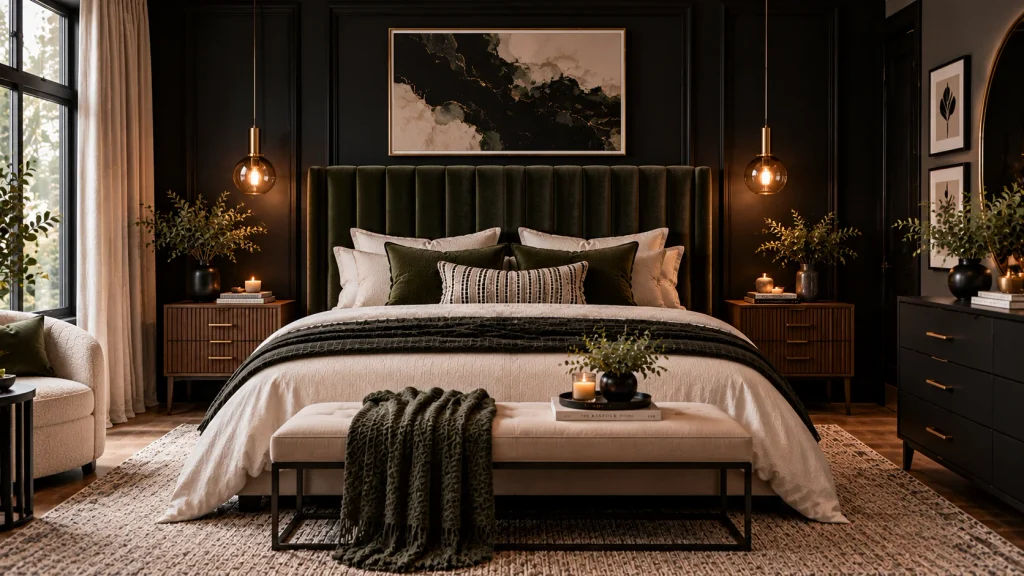 black-wall-statement-headboard-bedroom Upholstered statement headboard against a black accent wall