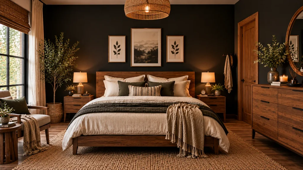 black-wall-warm-wood-furniture-bedroom Black accent wall paired with walnut wood furniture