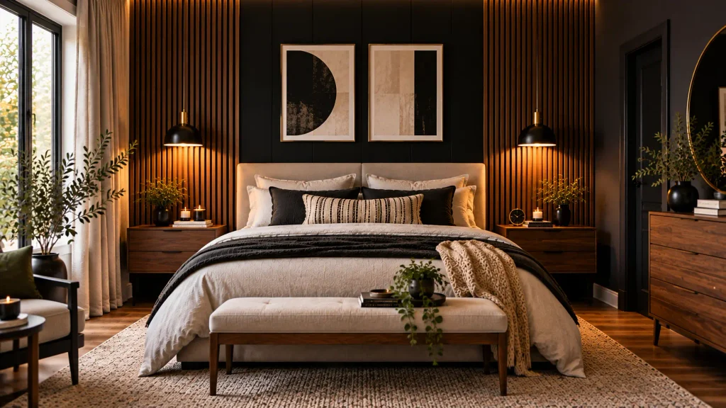 black-wall-wood-paneling-bedroom Black wall combined with natural wood paneling in a bedroom